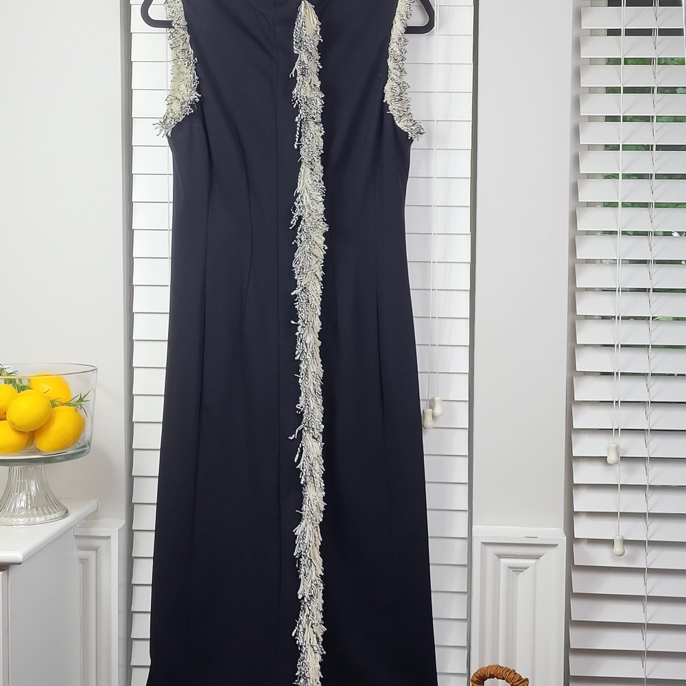 PEARL by Lela Rose Black Sleeveless Midi Dress with Cream Fringe Trim. Size 6